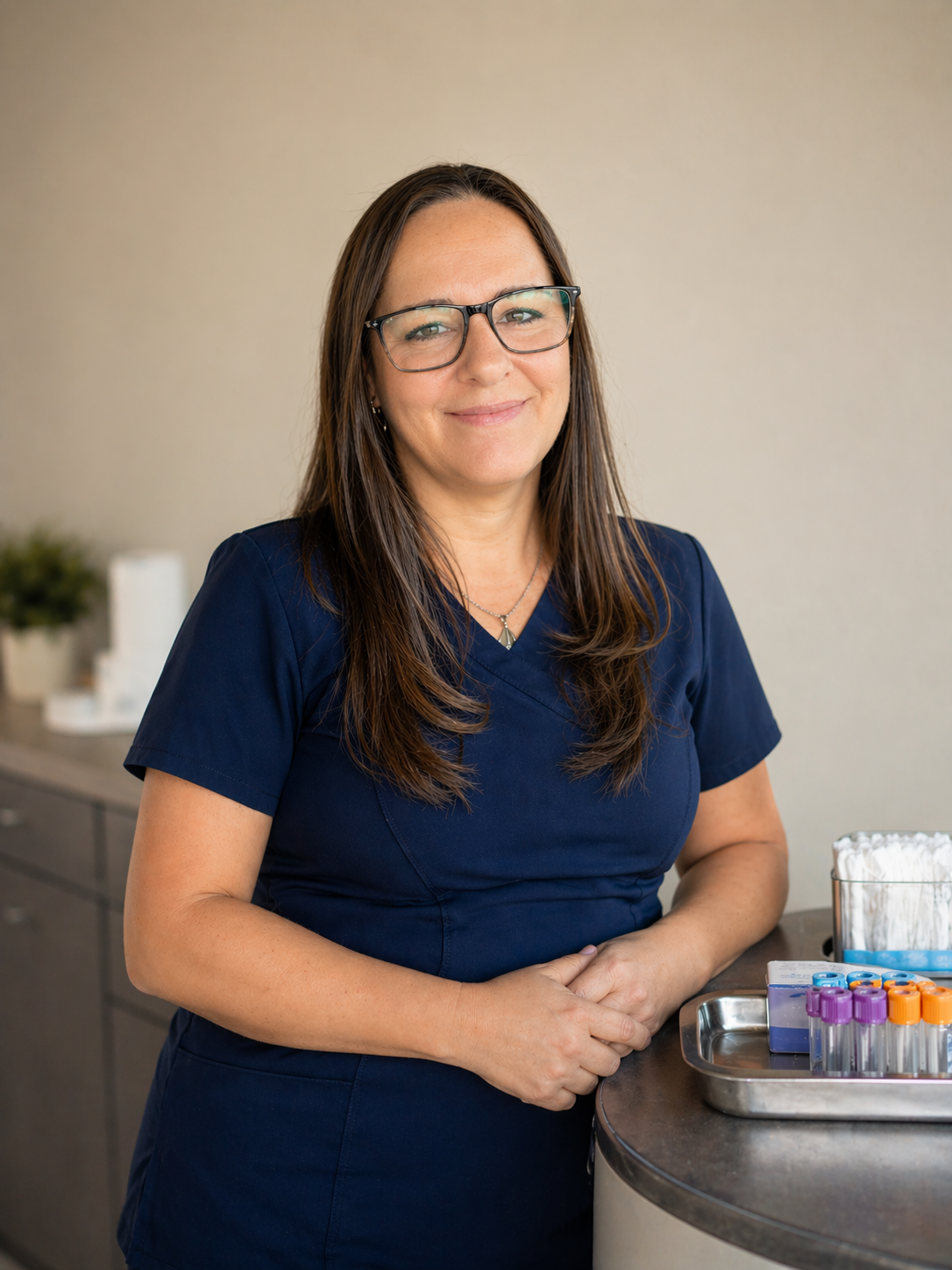 Our Director of Phlebotomy with a prepared phlebotomy tray